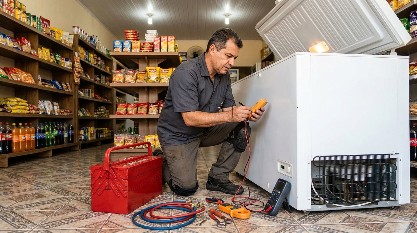 Recarga de gás refrigerante no freezer durante atendimento em Jaboatão dos Guararapes‑PE